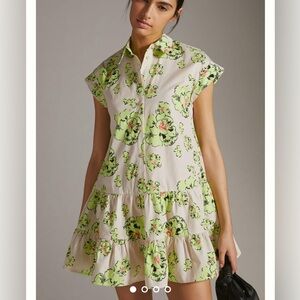 Anthropologie Floral Tiered Shirt Dress in Lime Green and Cream